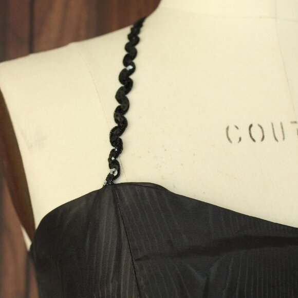 Vintage 1960s Dress, Black Taffeta Maxidress, Long Wiggle Moire, Sequin Trim - Picture 4 of 10